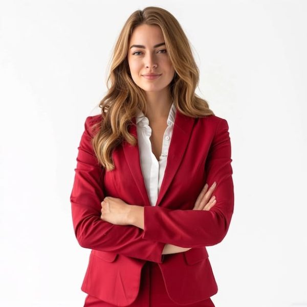 Businesswoman in a red suit on a white background _ Premium AI-generated image